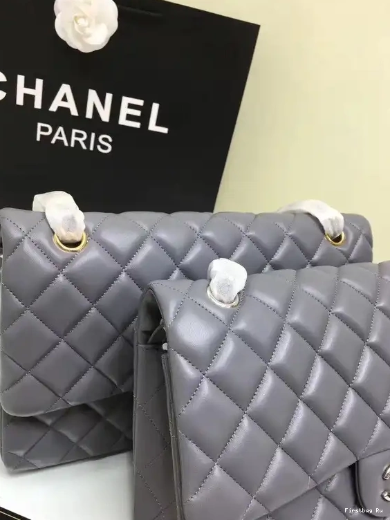 Firstbag Ru Bag Gold Leather Size 30cm Grey Silver With Lambskin 1112 Hardware Large CHANEL Flap 0511